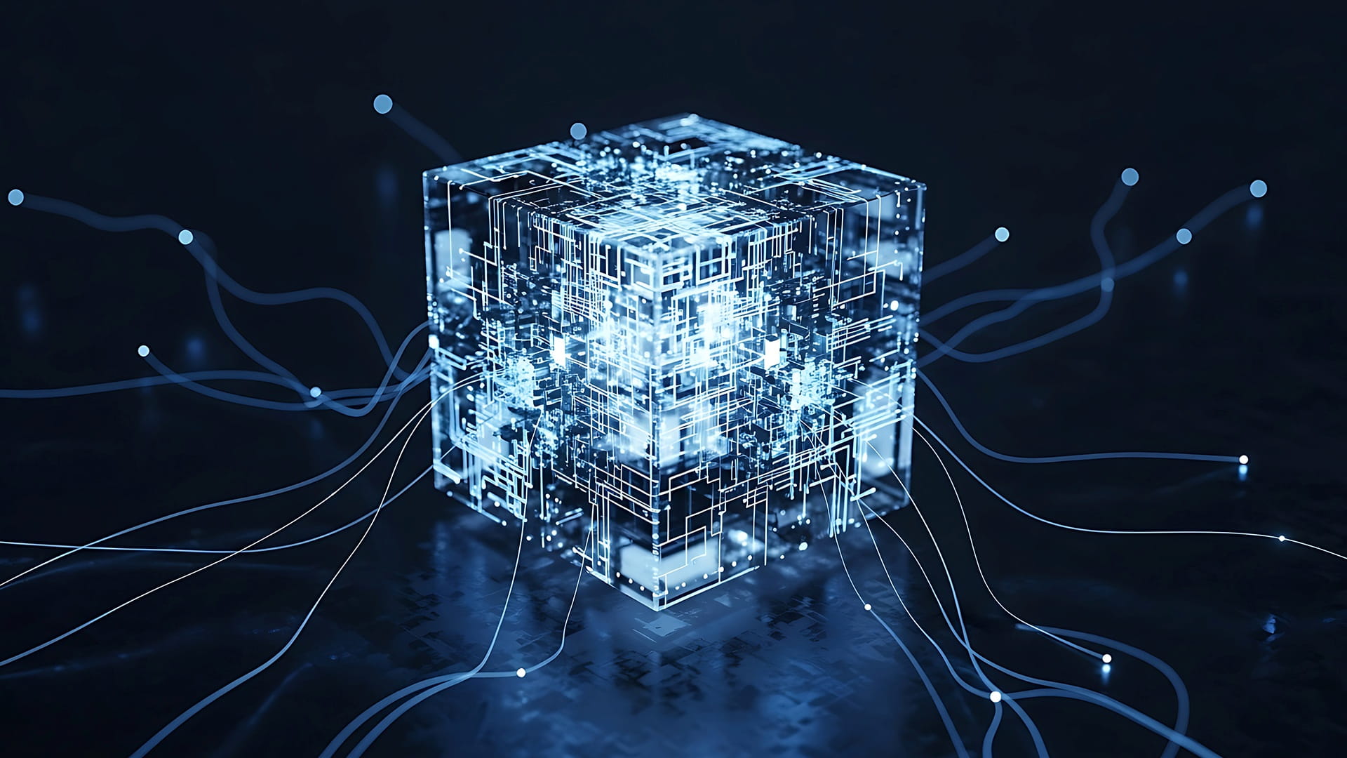 Una estructura cúbica transparente y brillante con líneas azules y circuitos, conectada por senderos de luz brillante que se extienden hacia afuera.